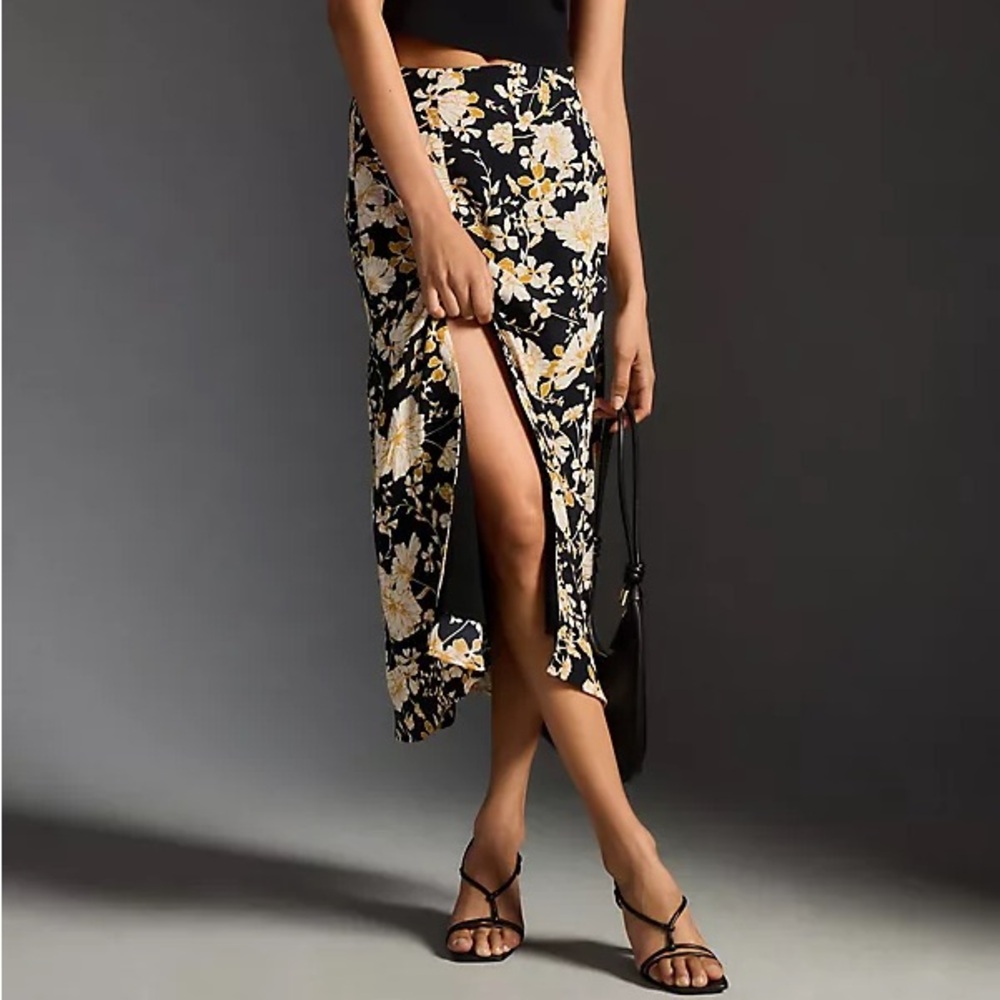 Anthropology Maeve Floral Silk The Lille Side-Slit Midi Skirt Size 6